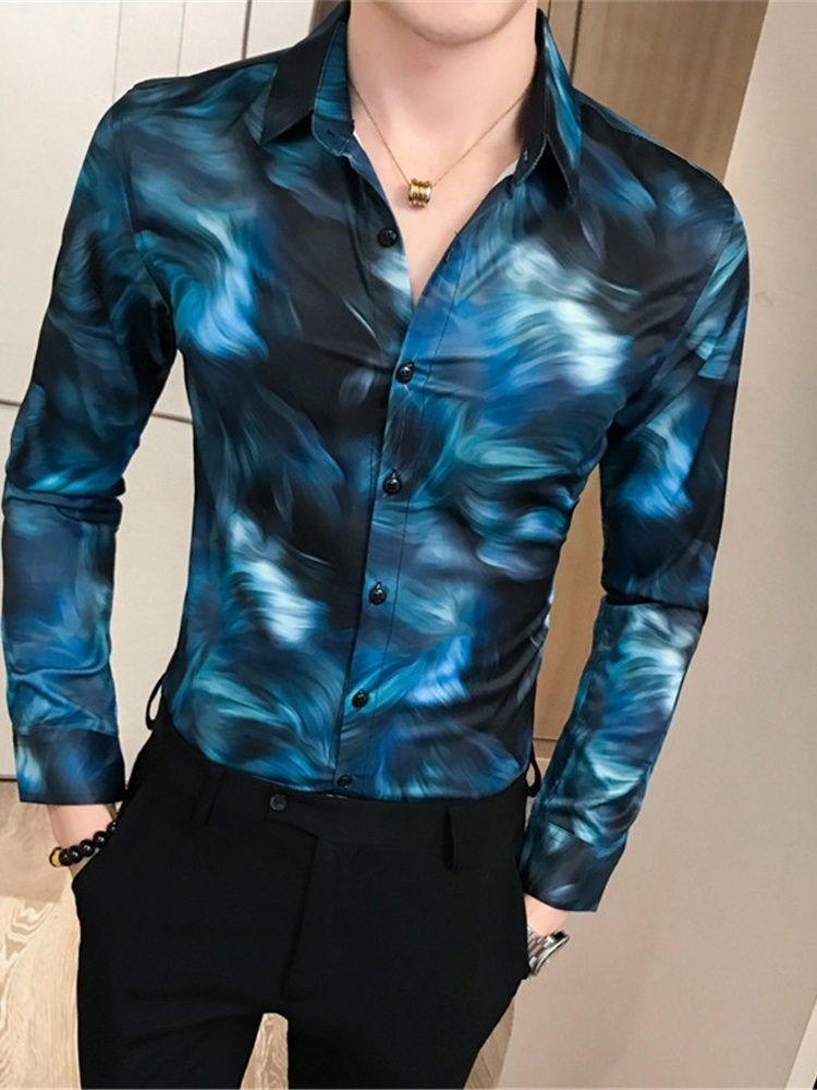 Casual Print Revers Single-breasted Herre Shirt