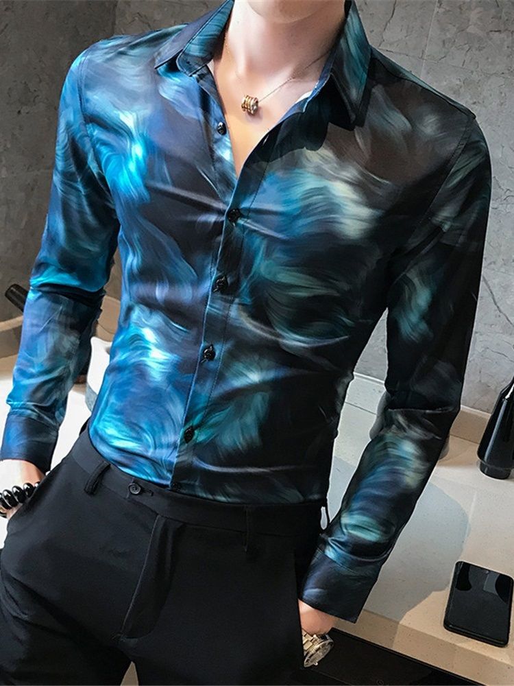 Casual Print Revers Single-breasted Herre Shirt