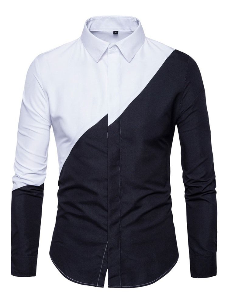 Color Block Lapel Patchwork Slim Single-breasted Herre Shirt