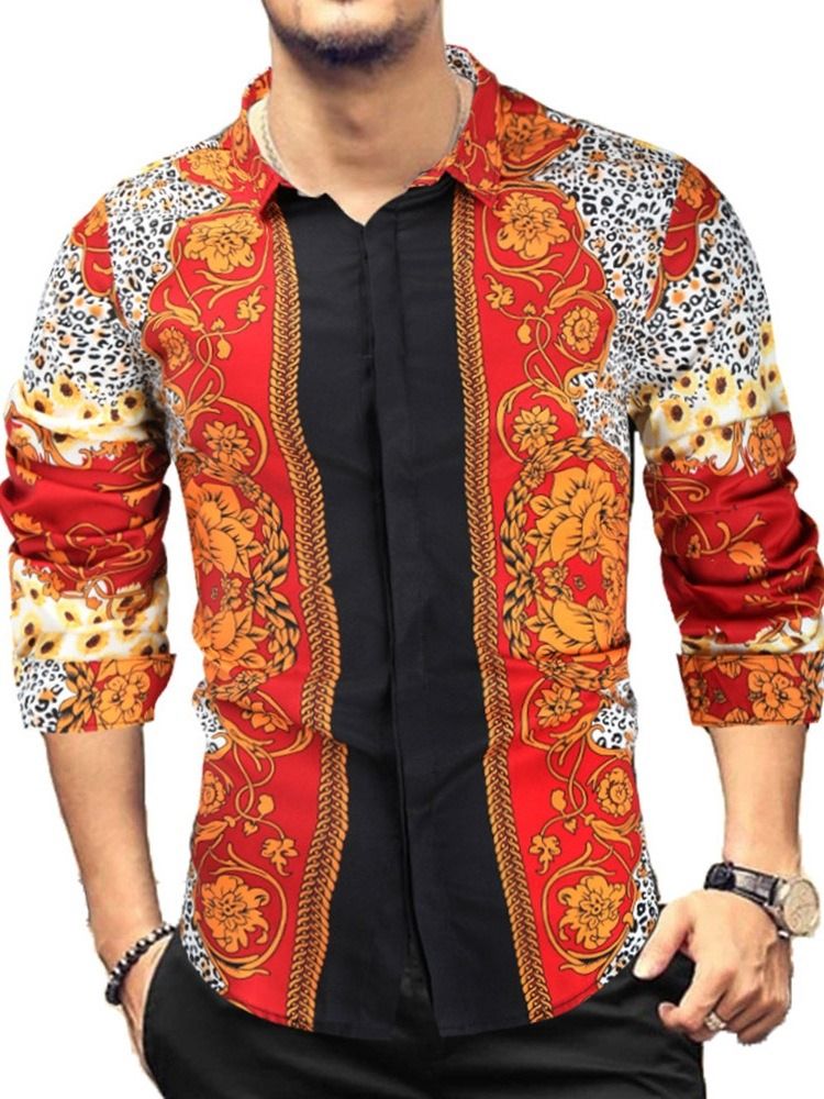 Floral Lapel Print Standard Slim Shirt For Menn