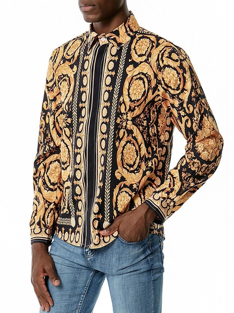 Floral Print Lapel Slim Slim-shirt For Menn