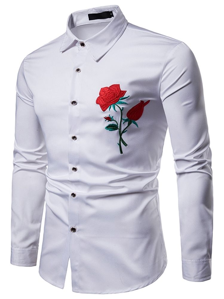 Floral Printed Slim Button Up Lapel Mens Casual Dress Shirts