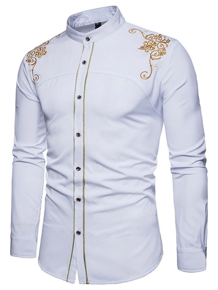 Golden Embroidery Plain Single Breasted Shirt For Menn