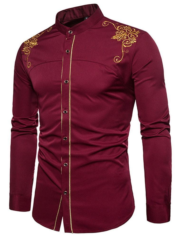 Golden Embroidery Plain Single Breasted Shirt For Menn