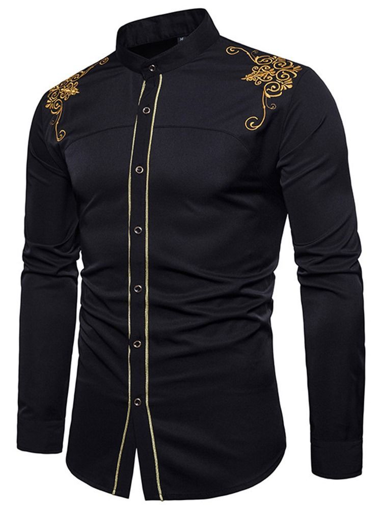 Golden Embroidery Plain Single Breasted Shirt For Menn