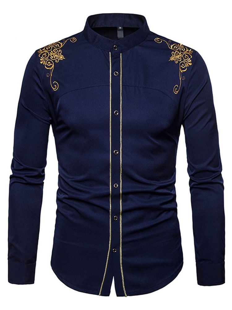 Golden Embroidery Plain Single Breasted Shirt For Menn