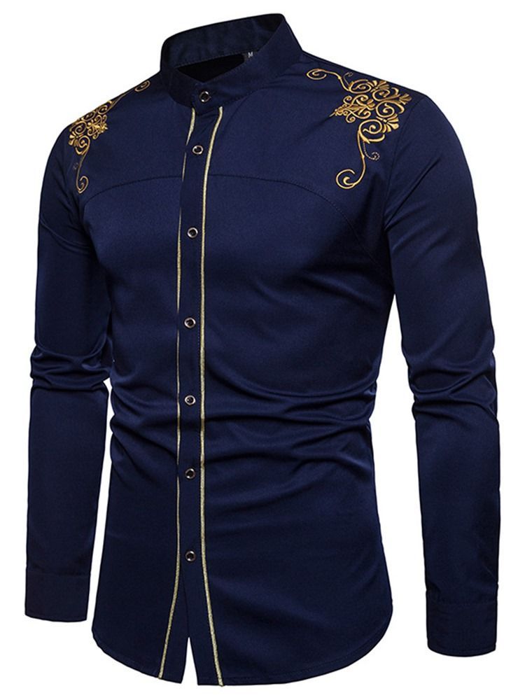 Golden Embroidery Plain Single Breasted Shirt For Menn