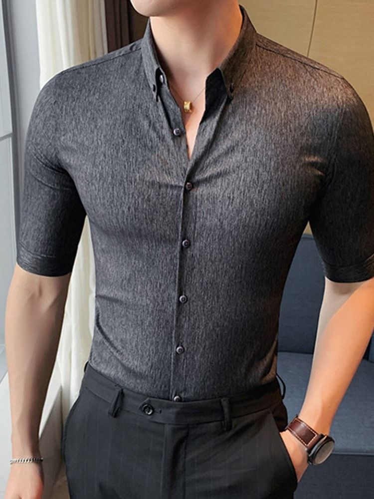 Lapel Button Vanlig Slim Single-breasted Herre Shirt