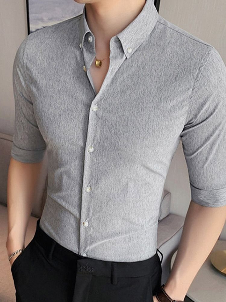 Lapel Button Vanlig Slim Single-breasted Herre Shirt