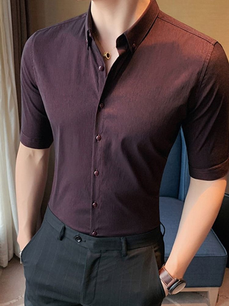 Lapel Button Vanlig Slim Single-breasted Herre Shirt