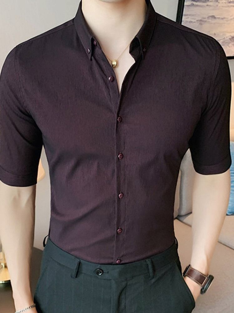 Lapel Button Vanlig Slim Single-breasted Herre Shirt