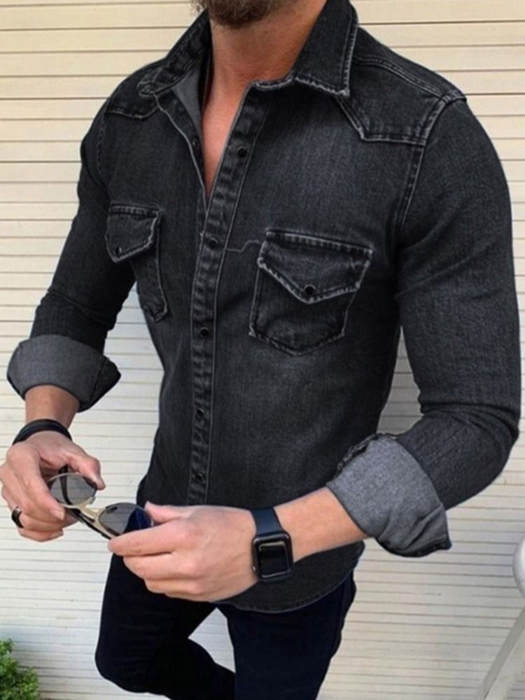 Lapel Casual Plain Single-breasted Slim Shirt For Menn