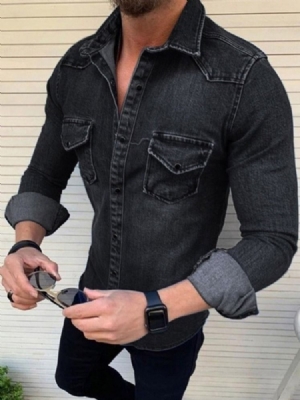 Lapel Casual Plain Single-breasted Slim Shirt For Menn