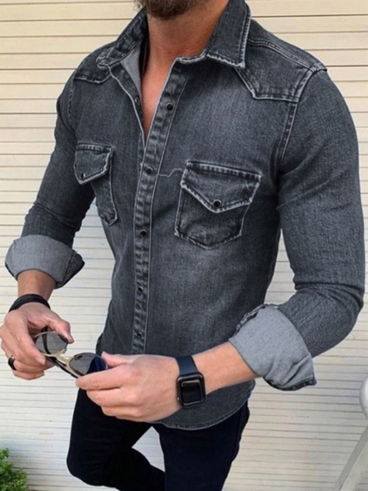 Lapel Casual Plain Single-breasted Slim Shirt For Menn