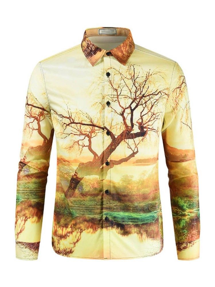 Lapel Casual Print Slim Mens Spring Shirt