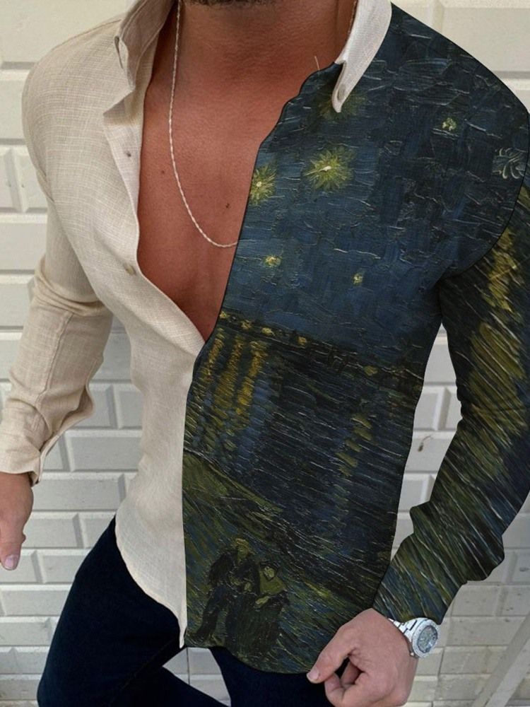 Lapel Painting Print Slim Slim Shirt For Menn