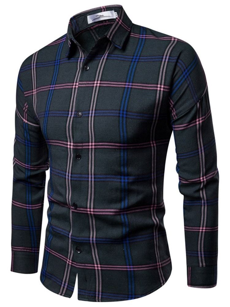 Lapel Plaid Print Single-breasted Herre Shirt