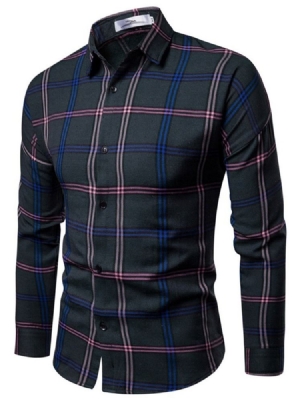 Lapel Plaid Print Single-breasted Herre Shirt