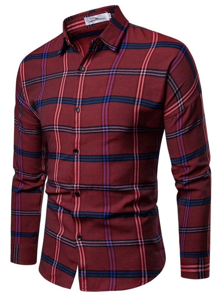 Lapel Plaid Print Single-breasted Herre Shirt