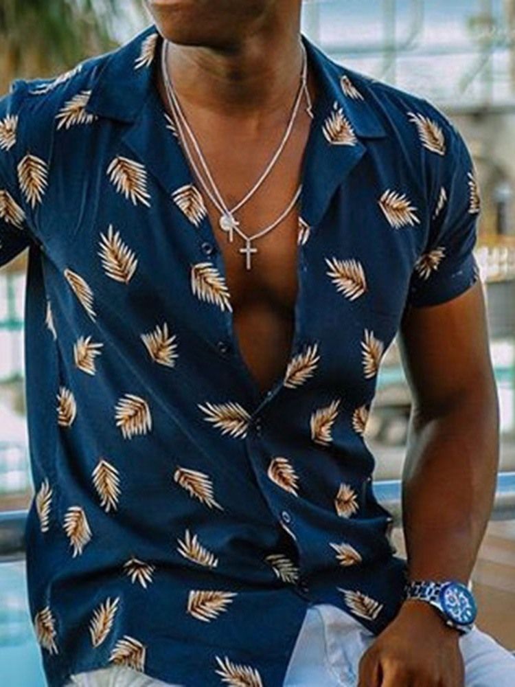 Lapel Plant Print Slim Single-breasted Herre Shirt