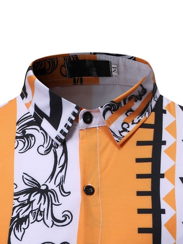 Lapel Print Color Block Spring Single-breasted Herre Shirt