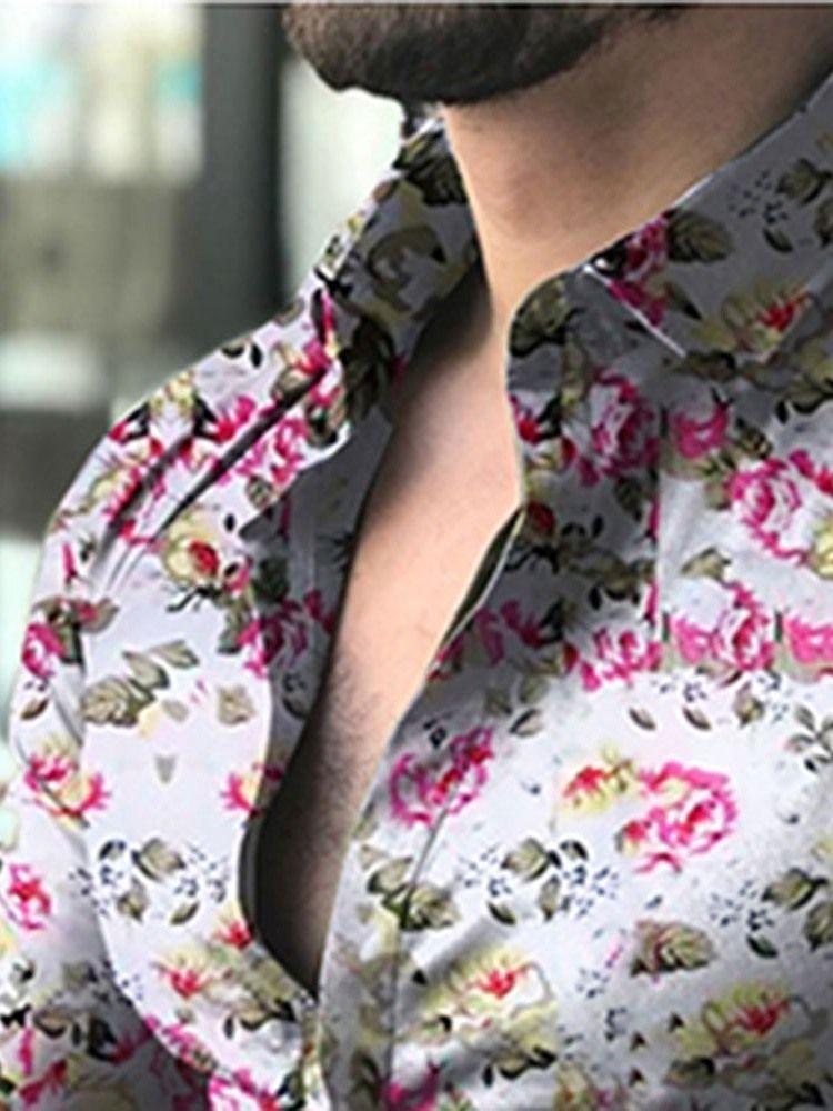 Lapel Print Floral Single-breasted Mens Slim Shirt