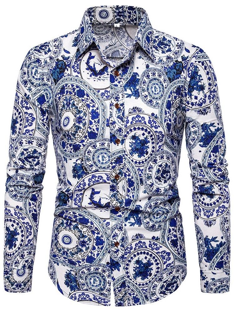 Lapel Print Floral Slim Slim-shirt For Menn