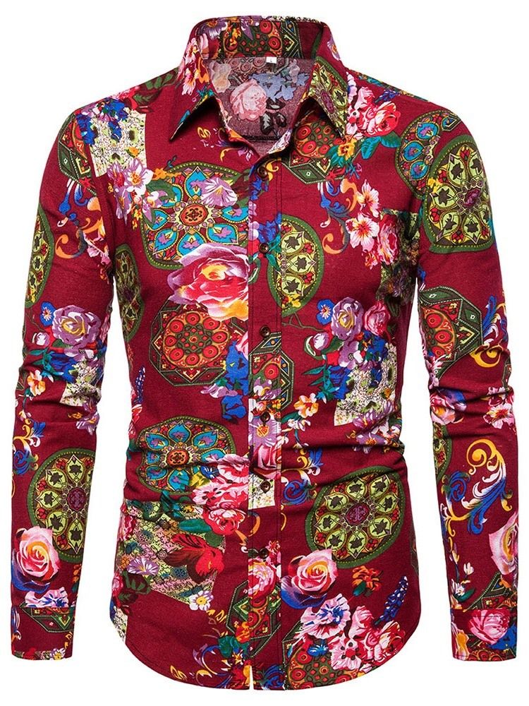 Lapel Print Floral Slim Slim-shirt For Menn