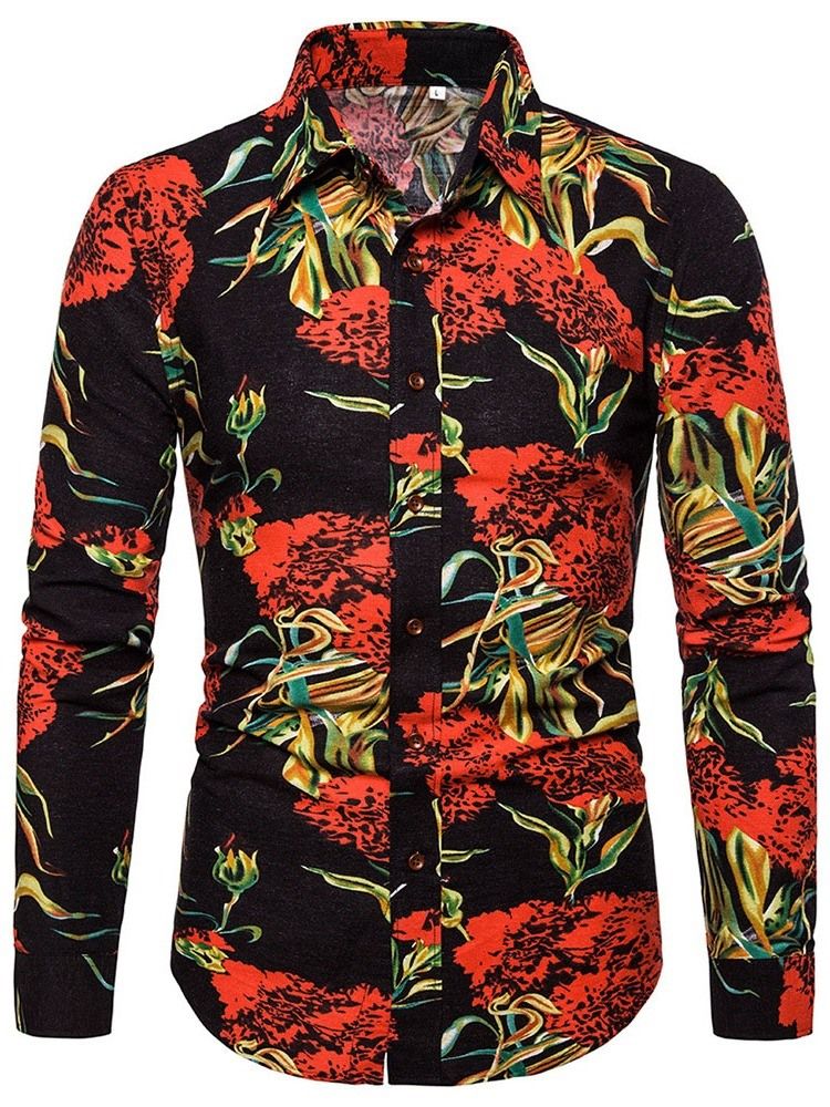 Lapel Print Floral Slim Slim-shirt For Menn