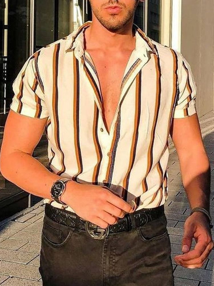 Lapel Stripe Single-breasted Herre Shirt