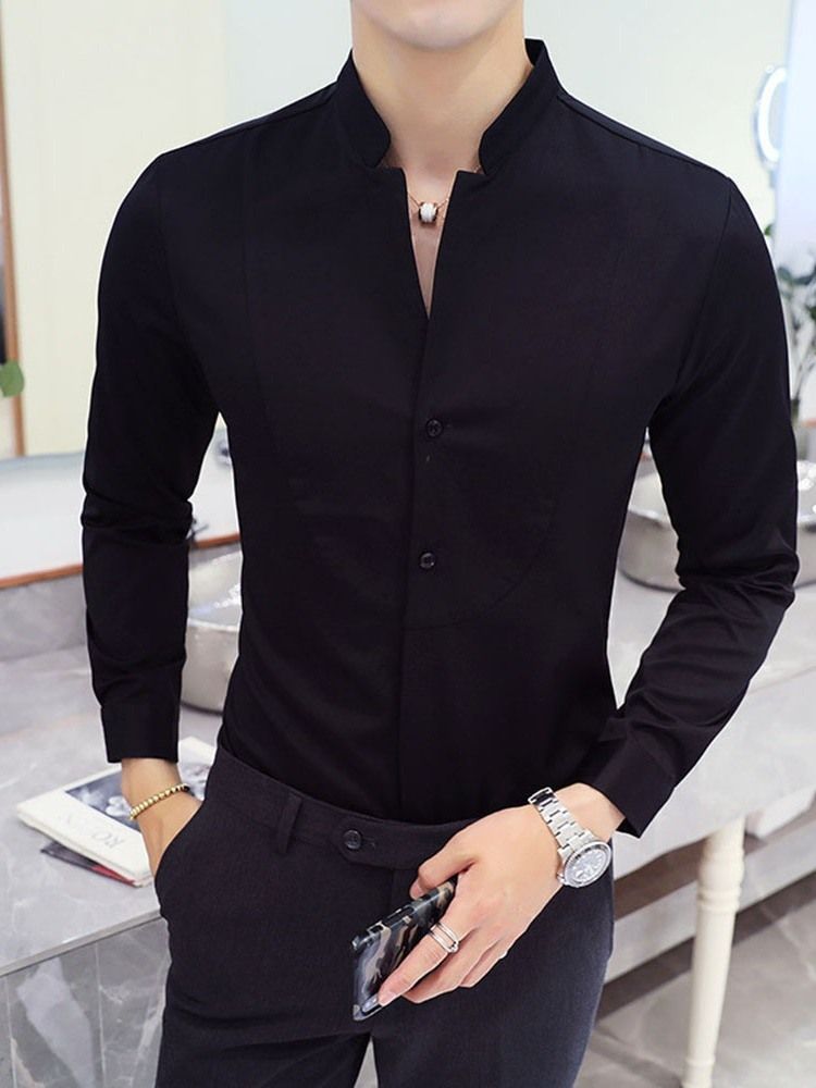 Plain Casual Stand Collar Slim Slim Shirt For Menn