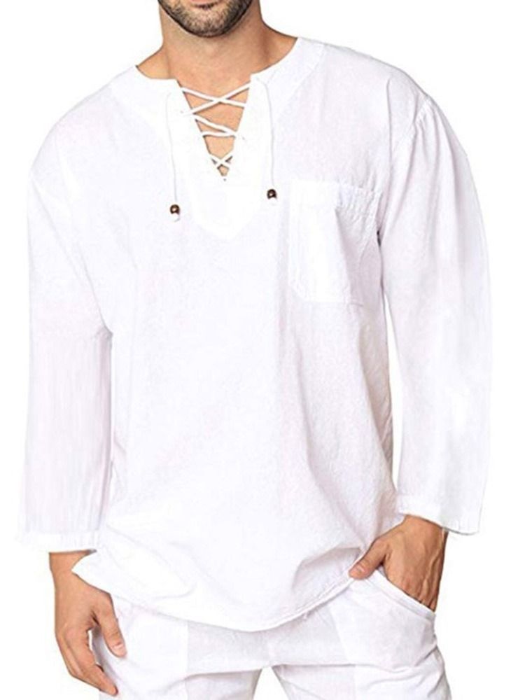 Plain Lace-up Casual Loose Shirt For Menn