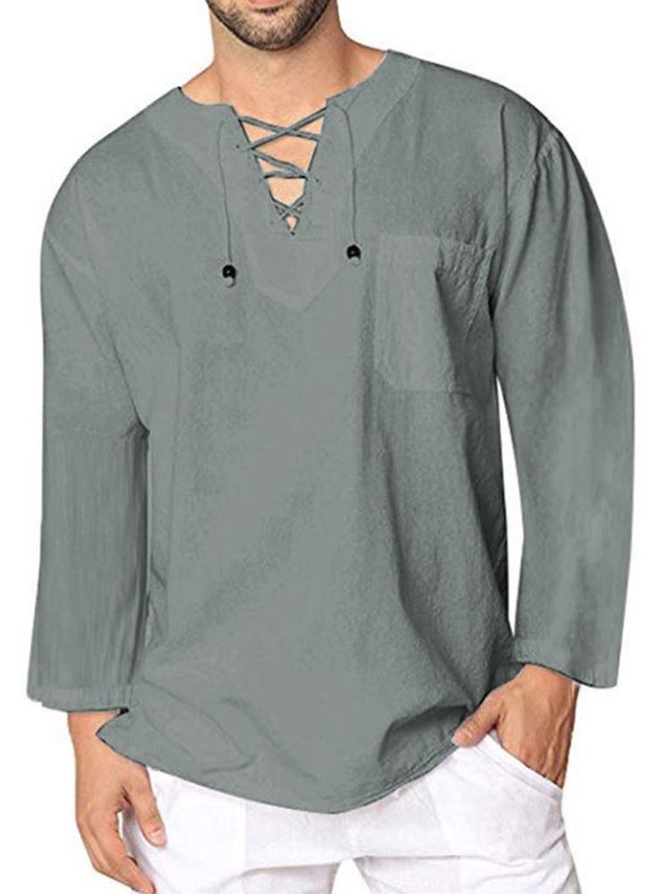 Plain Lace-up Casual Loose Shirt For Menn