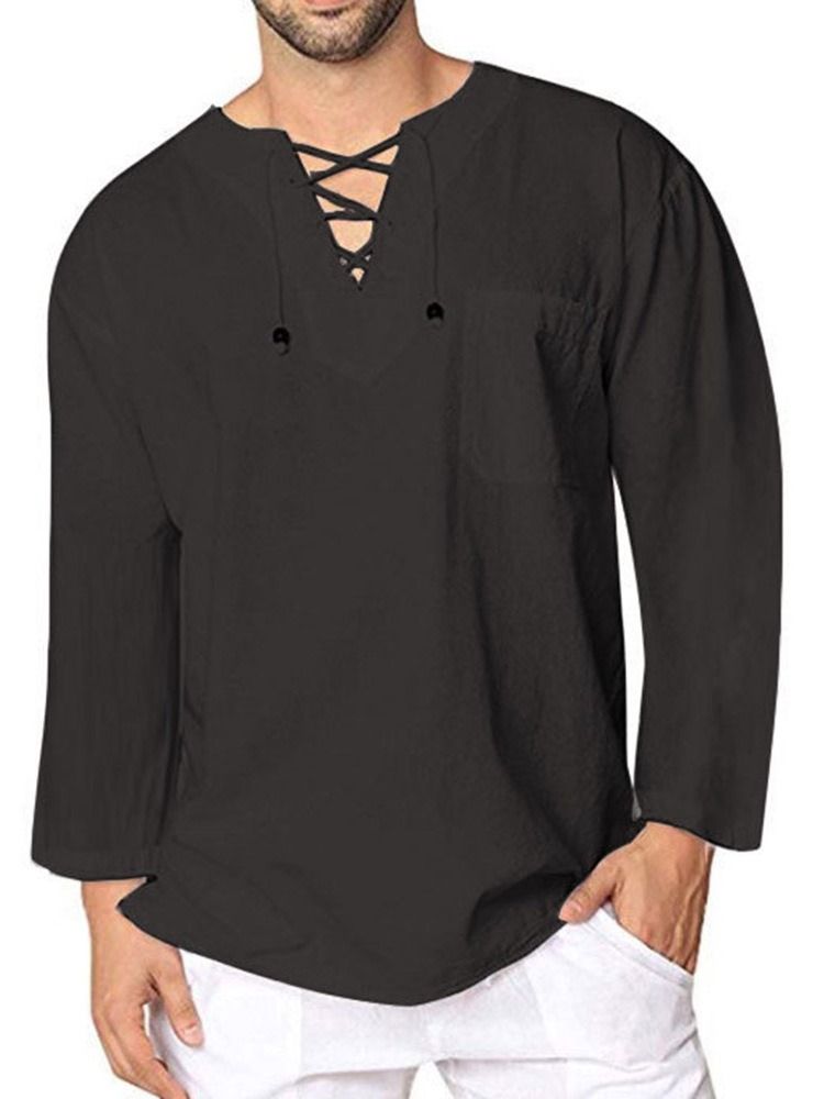 Plain Lace-up Casual Loose Shirt For Menn