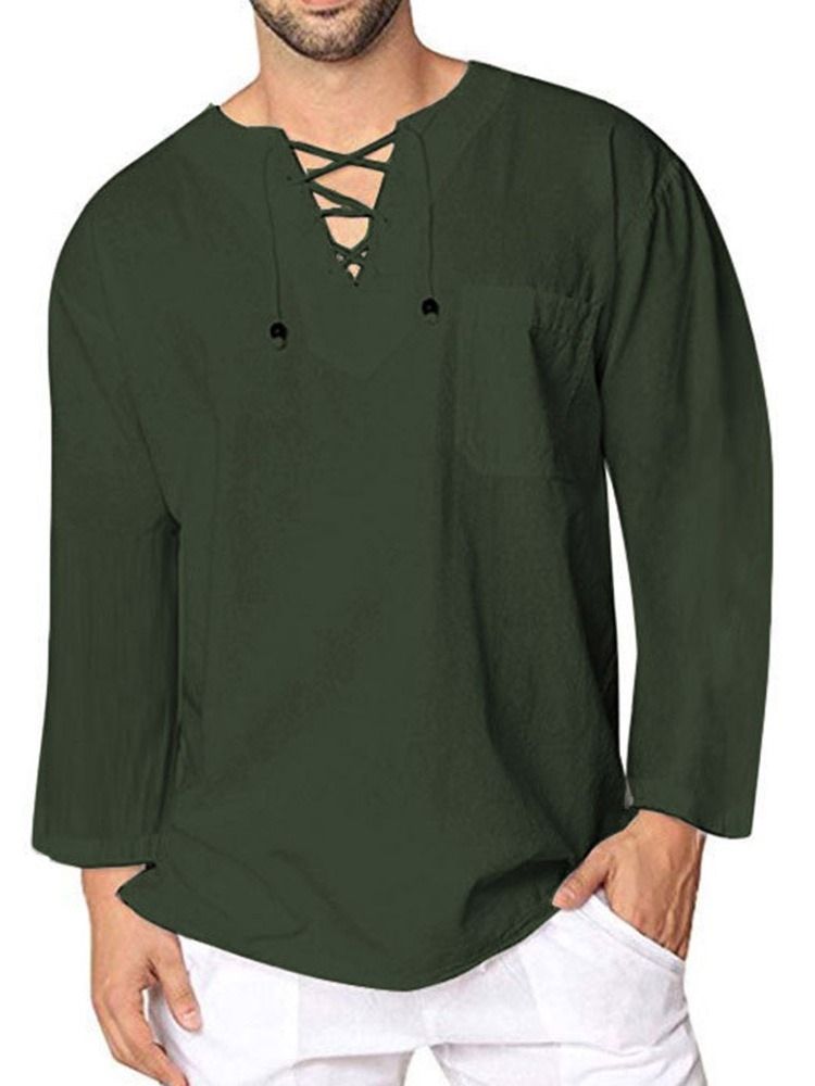 Plain Lace-up Casual Loose Shirt For Menn