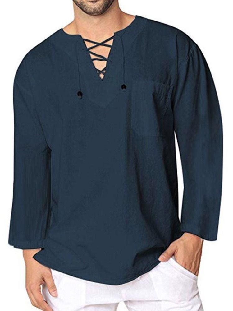 Plain Lace-up Casual Loose Shirt For Menn