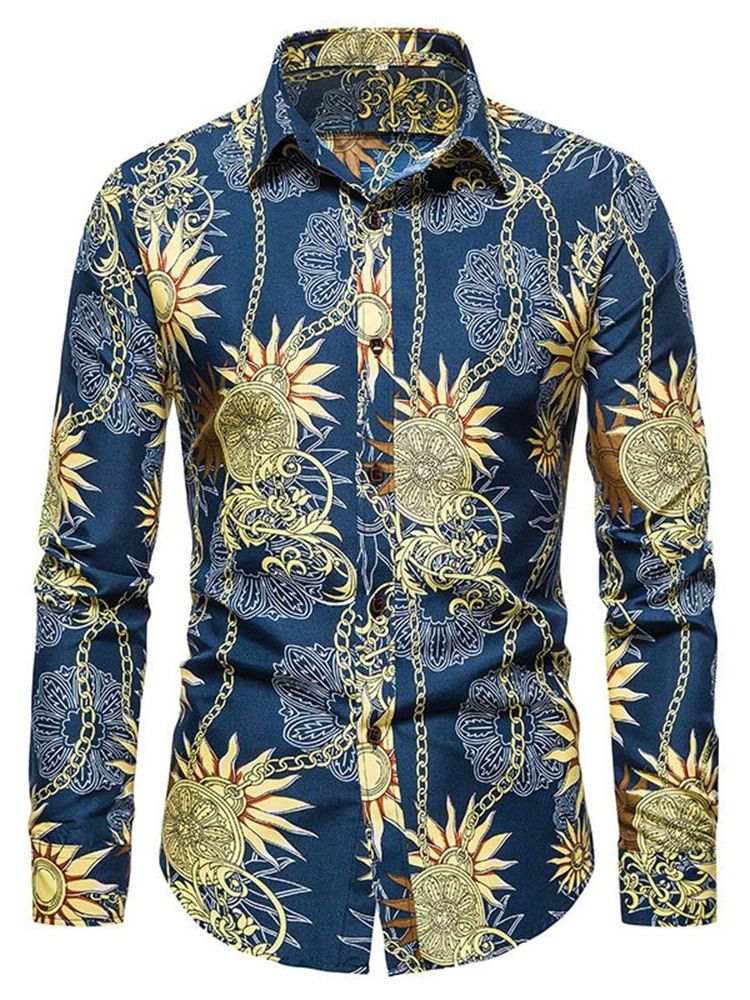 Print Lapel Casual Fall Slim Slim Shirt For Menn