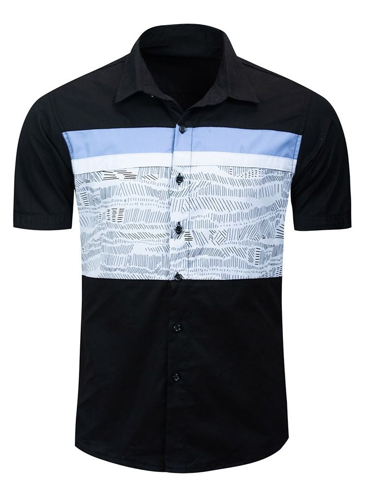 Print Lapel Single-breasted Short Sleeve Herre Slim Shirt