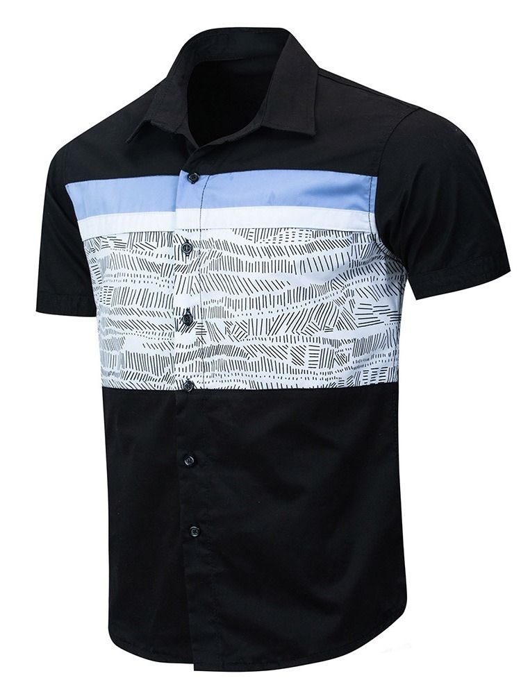 Print Lapel Single-breasted Short Sleeve Herre Slim Shirt