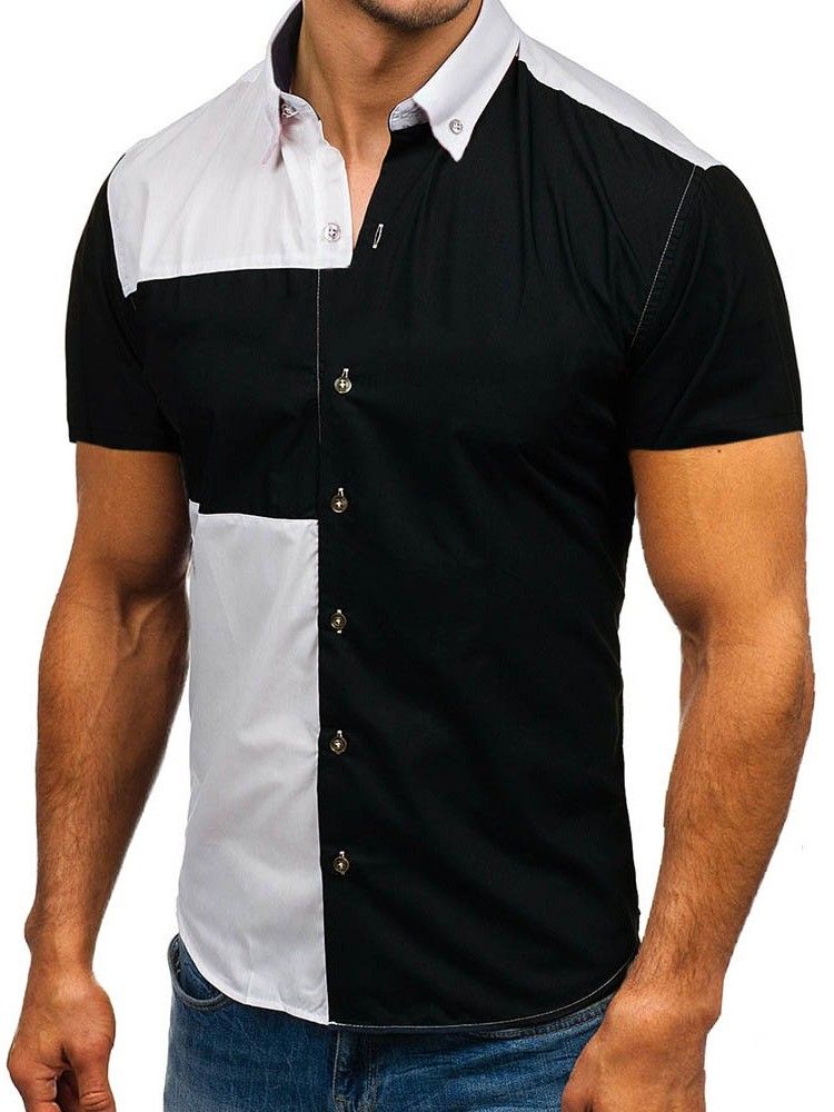 Revers Color Block Casual Slim Triple-breasted Herre Shirt