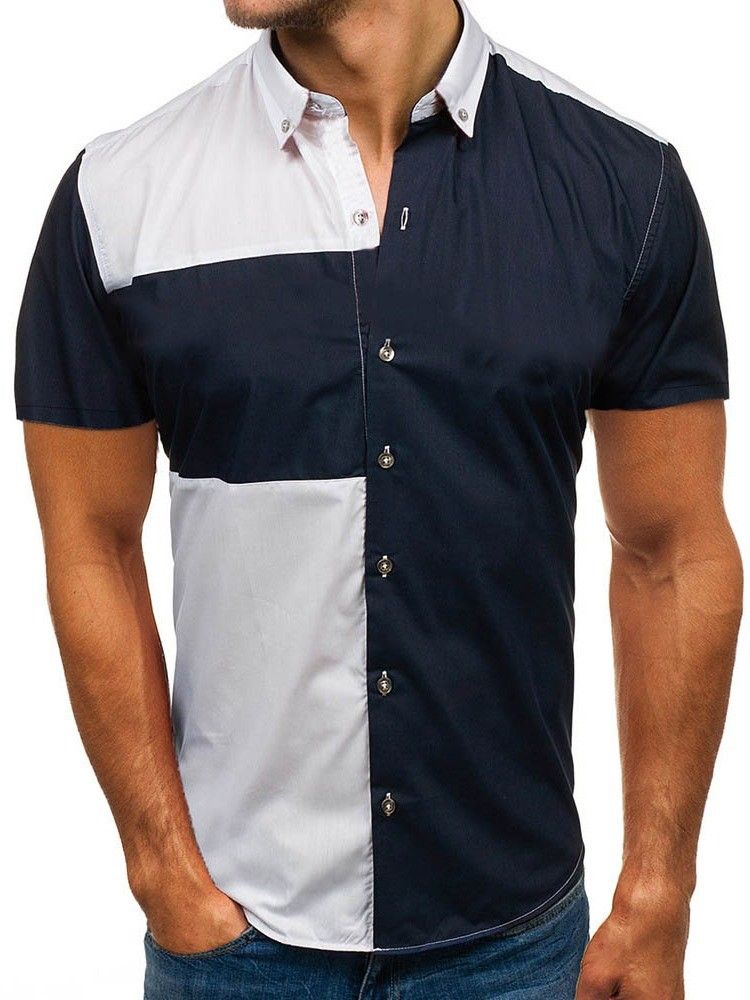 Revers Color Block Casual Slim Triple-breasted Herre Shirt