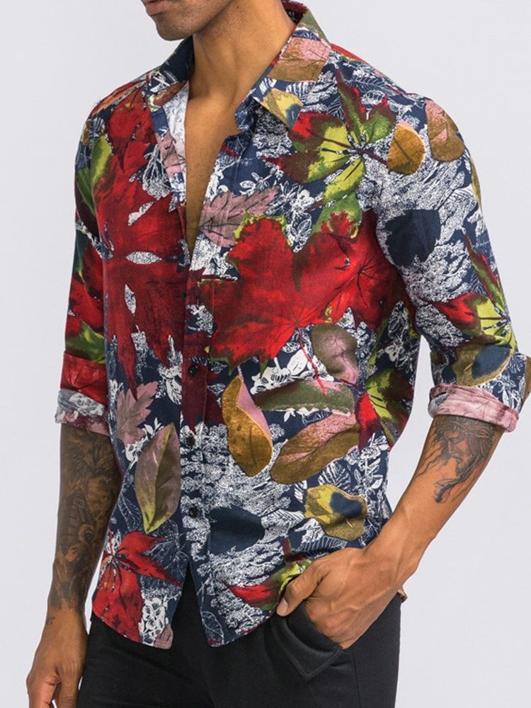 Trykk Lapel Floral Slim Summer Shirt For Menn