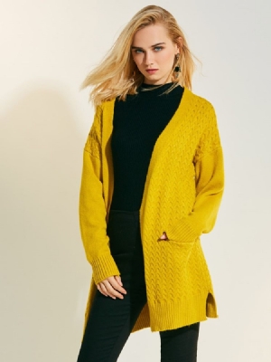 Loose Plain Cardigan Strikketøy I Mellomlang Størrelse