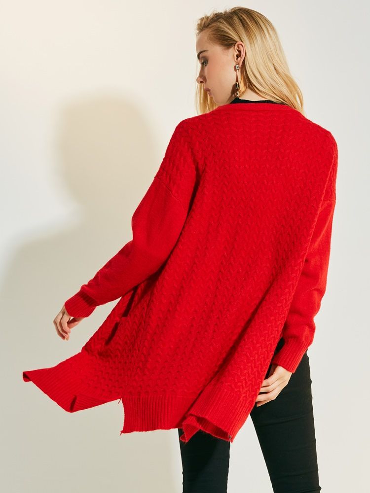 Loose Plain Cardigan Strikketøy I Mellomlang Størrelse