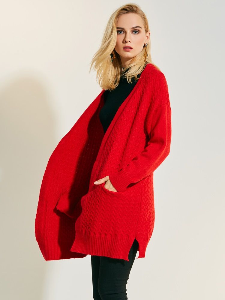 Loose Plain Cardigan Strikketøy I Mellomlang Størrelse