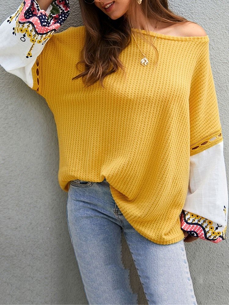 Patchwork Lantern Sleeve Thin Fall Loose Sweater For Kvinner