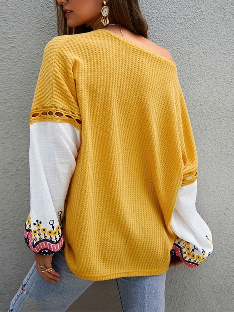 Patchwork Lantern Sleeve Thin Fall Loose Sweater For Kvinner