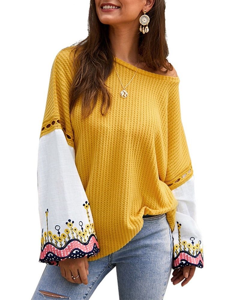 Patchwork Lantern Sleeve Thin Fall Loose Sweater For Kvinner