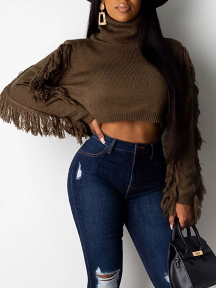 Regular Fringed Short Turtleneck Sweater For Kvinner