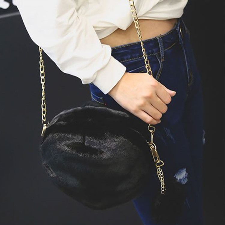 Faux Fur Chain Plain Circular Crossbody Bags